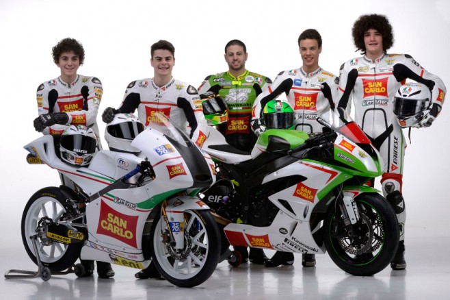 San Carlo Team Italia 2013 al completo (Bagnaia, Fenati, Russo, Morbidelli, Nocco)