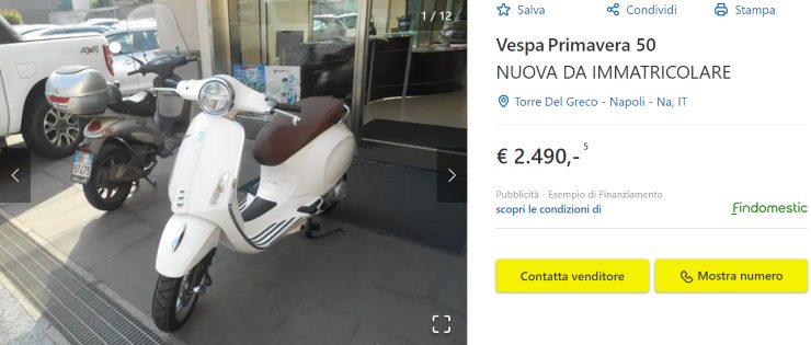 Vespa Primavera 50 occasione costo immatricolazione
